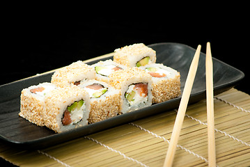 Image showing Japanese seafood sushi , roll set