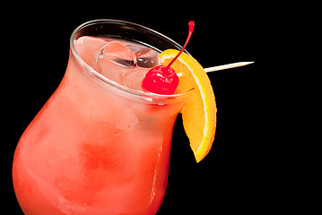 Image showing cocktail with red cherry and orange closeup