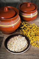 Image showing Still life with oatmeal and and the ears of oat