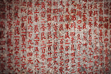 Image showing Hieroglyphs on the stone tablet in an old Buddhist temple