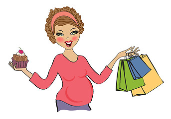 Image showing happy pregnant woman at shopping, isolated on white background