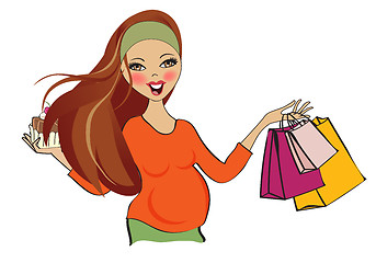 Image showing happy pregnant woman at shopping, isolated on white background