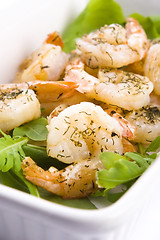 Image showing Fresh grilled shrimps on white plate