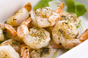 Image showing Fresh grilled shrimps on white plate