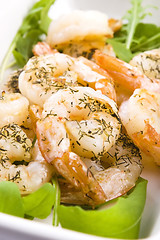 Image showing Fresh grilled shrimps on white plate