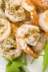 Image showing Fresh grilled shrimps on white plate