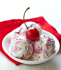 Image showing three ice cream balls with fresh red cherry