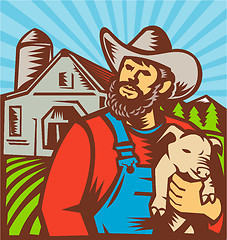 Image showing Pig Farmer Holding Piglet Barn Retro