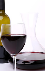 Image showing Decanter, bottle and glass of wine close-up