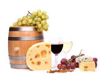 Image showing barrel, cheeses, glasses of wine and ripe grapes