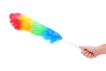 Image showing Soft colorful duster with plastic handle