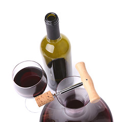 Image showing decanter, bottle and glass with red wine top view