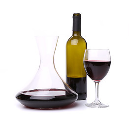 Image showing decanter, bottle and glass with red wine