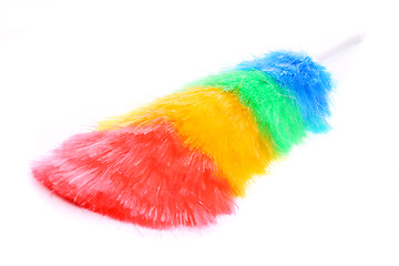 Image showing Soft colorful duster with plastic handle close-up