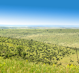 Image showing An abandoned field, hills and a blue sky.