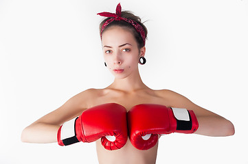 Image showing beautiful nude girl with boxing gloves