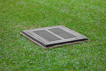 Image showing Sewer grate on the lawn - drainage for heavy rain