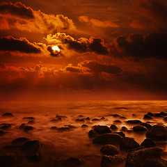 Image showing Fantastic bright orange sunset on tropical ocean - square landsc