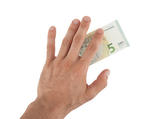 Image showing Male hand holding a new 5 Euro bills