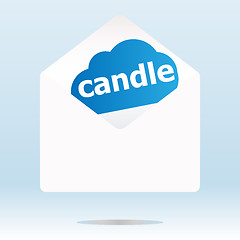 Image showing candle word on blue cloud, paper mail envelope