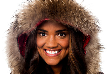 Image showing Pretty African girl in fur hood