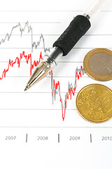 Image showing Stock market graphs with pen and euro coins