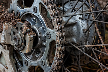 Image showing Enduro motorbike wheel and chain. Closeup shot