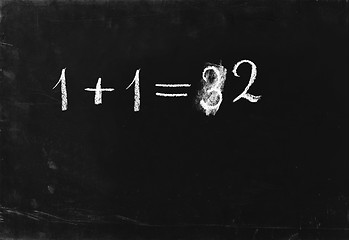 Image showing Ooops. Simple math operation 2+2= writing chalk on blackboard.