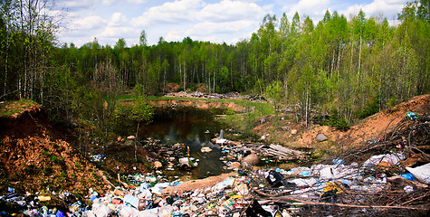 Image showing Garbage dump in green forest. Wide shot.