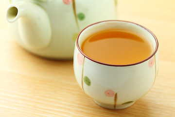 Image showing Cup of tea with teapot