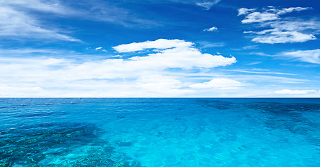 Image showing Transparent ocean and cloudy sky