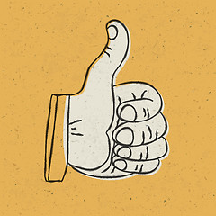 Image showing Retro styled thumb up symbol on yellow textured background. Vect