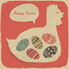 Image showing Easter eggs and chiken. Retro styled illustration.