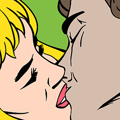 Image showing Kiss. Closeup. Illustration in pop-art style, vector.