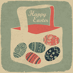 Image showing Easter basket with eggs. Retro style easter background.