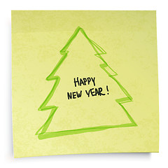 Image showing Yellow sticky notes with New Year tree. Vector illustration, EPS