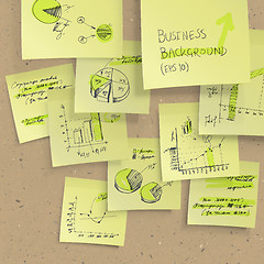 Image showing Yellow sticky notes with business infographics on cork board, cl