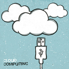 Image showing Cloud computing concept illustration, usb cabel and clouds icons