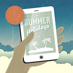 Image showing Summer holidays conceptual illustration. Smart phone in hand. Ve