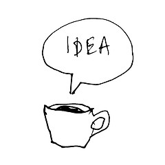 Image showing Coffee cup symbol with idea word in speech bubble. Hand-drawn il