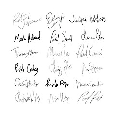 Image showing Signatures of mans and womans abstract names. On transparent bac