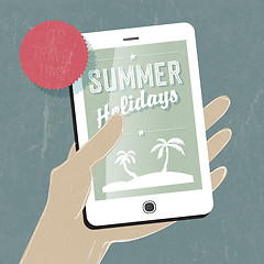 Image showing Summer travel conceptual illustration. Smart phone in hand. Vect