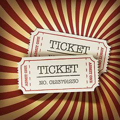 Image showing Cinema tickets on retro rays background, vector.