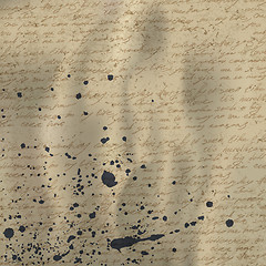 Image showing Abstract handwriting on old crumpled vintage paper with ink splu