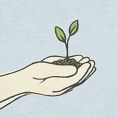 Image showing Hands with green sprout and dirt heap. Hand-drawn vector illustr