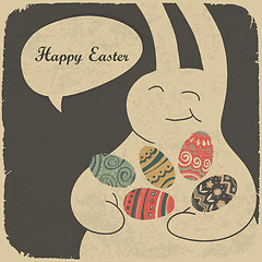 Image showing Chocolate rabbit and easter eggs. Retro style illustration.