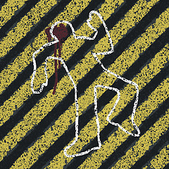 Image showing Murder Silhouette on yellow hazard lines. Accident prevention or