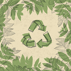 Image showing Recycle symbol, printed on reuse paper. In frame of leaves. vect