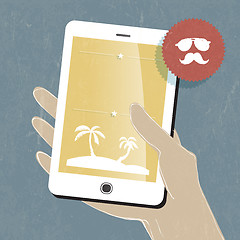 Image showing Summer travel conceptual illustration. Smart phone in hand. Vect