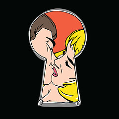 Image showing Peeping couple kiss through keyhole.